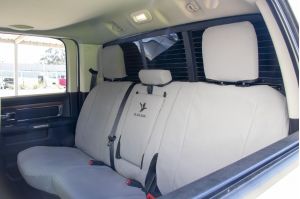 BLACK DUCK CANVAS PRODUCTS manufacture Australia's most POPULAR heavy-duty CANVAS, 4ELEMENTS or DENIM SEAT COVERS to suit your DODGE RAM 1500 LARAMIE V8 HEMI 4x4 CREW CAB from 2017 onwards - rear seat covers shown.