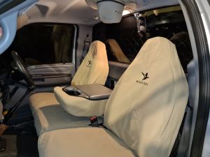 Black Duck Canvas seat covers to suit Ford F250/350 in Light Sand Canvas. Note the center console/seat cover is purchased separately.