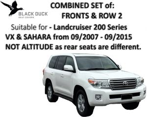 Black Duck Seat Covers - COMBINED SET of FRONTS & ROW2 - suitable for TOYOTA LANDCRUISER 200 Series VX & SAHARA from 09/2007 - 09/2015 ONLY.