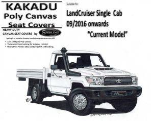  MILLER CANVAS is an ONLINE retailer of KAKADU CANVAS SEAT COVERS suitable for TOYOTA LANDCRUISER VDJ79R - SINGLE CAB from 09/2016 on.