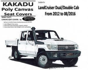 MILLER CANVAS is an ONLINE retailer of KAKADU CANVAS SEAT COVERS suitable for TOYOTA LANDCRUISER VDJ79R - DOUBLE / DUAL CAB PRE UPGRADE from 2012 - 08/2016.