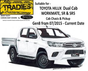 "TRADIES"  CANVAS SEAT COVERS  suitable for TOYOTA HILUX SR and SR5 DUAL CAB - from 7/2015 - CURRENT by Sperling Enterprises.