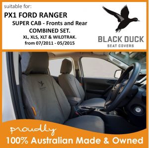 BLACK DUCK Seat Covers  Ford Ranger PX1 SUPER CAB Combined set of FRONT & REAR XL, XLS, XLT & WILDTRAK from 07/2011 - 05/2015 with Seat-Fitted Airbags, Black Duck Seat Covers.