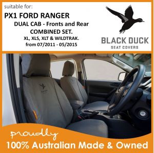 BLACK DUCK Seat Covers - Dual Cab Complete - Ford Ranger PX1 Front Seats & Rear Bench  - XL, XLS, XLT & WILDTRAK 07/2011 - 05/2015. Black Duck Seat Covers