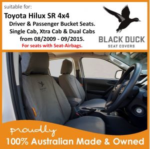 Black Duck® SeatCovers to fit Driver & Passenger Buckets (Set). Suitable for Toyota Hilux Utes 4x4 SR Single, X-TRA & Dual Cabs from 08/2009 to 09/2015.