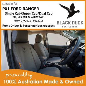Front Driver & Passenger bucket seats Ford Ranger PX1  07/2011 - 05/2015 XL, XLS, XLT & WILDTRAK from 07/2011 - 05/2015 with Seat-Fitted Airbags Black Duck Seat Covers