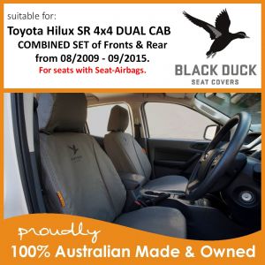 BLACK DUCK CANVAS AND BLACK DUCK DENIM SEAT COVERS SUITABLE FOR USE IN TOYOTA HILUX SR SINGLE CAB, XTRA CAB AND DUAL CAB.