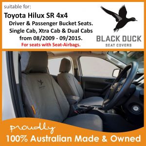 Black Duck® SeatCovers to fit Driver & Passenger Buckets (Set). Suitable for Toyota Hilux Utes 4x4 SR Single, X-TRA & Dual Cabs from 08/2009 to 09/2015.
