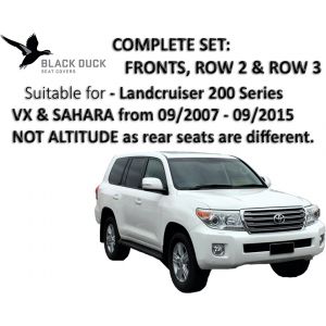 Black Duck Seat Covers - COMPLETE SET ALL 3 ROWS - suitable for TOYOTA LANDCRUISER 200 Series VX & SAHARA from 09/2007 - 09/2015 ONLY.