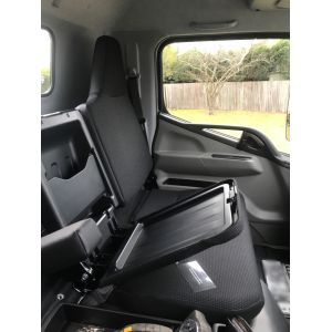 Black Duck Canvas Seat Covers offer maximum protection to the seats in your Fuso Canter 615, 715, 815 & 918  WIDE CAB - single cabs and dual cab trucks, shows fold down middle backrest.
