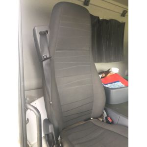 Black Duck Seat Covers - Driver Hiback Bucket seat with integrated seatbelt on driver ONLY (HAS HORIZONTAL SLOT ) with microphone & DUAL Armrests - Passenger bucket seat with separate headrest and seat belt attached to cabin wall with Fold-up Seat Base.