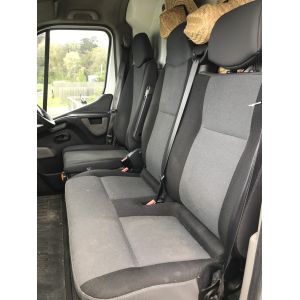 Suspension Driver Seat & Passenger 3/4 Bench Master X62 Van / Cab Chassis. Black Duck Seat Covers. (shows passenger 3/4 bench with full width base)