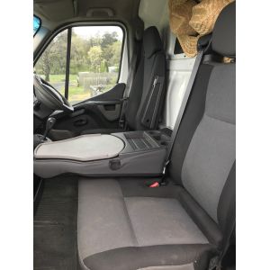 Suspension Driver Seat & Passenger 3/4 Bench Master X62 Van / Cab Chassis. Black Duck Seat Covers. (shows center fold-down backrest)