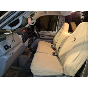 Black Duck Canvas seat covers to suit Ford F250/350 in Light Sand Canvas. Note the center console/seat cover is purchased separately.
