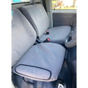 Driver Bucket & Passenger 3/4 Bench (3 seater) suitable for  VDJ79 Landcruiser Workmate & GX - From 08/2009+, Black Duck Seat Covers.
SHOWS AN OPTIONAL REINFORCING PATCH ON THE DRIVERS SEAT