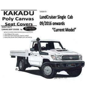  MILLER CANVAS is an ONLINE retailer of KAKADU CANVAS SEAT COVERS suitable for TOYOTA LANDCRUISER VDJ79R - SINGLE CAB from 09/2016 on.