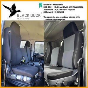 Black Duck® Canvas Seat Covers offer the VERY BEST, COMERCIAL GRADE PROTECTION for the seats in your HINO 500 Series FG, GH & FM with AUTOMATIC  TRANSMISSION