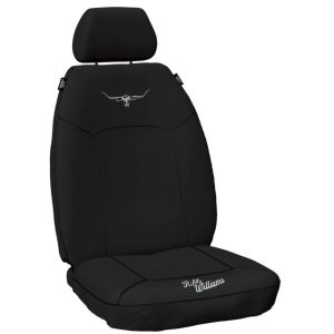 R.M.WILLIAMS   CANVAS SEAT COVERS to suit  TOYOTA LANDCRUISER VDJ79R DOUBLE CAB 2012 - 08/2016.
BLACK CANVAS.