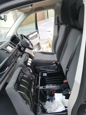 Black Duck Seat Covers Volkswagen Transporter T6, 2016 onwards with fold-forward seat base to access under-seat storage.