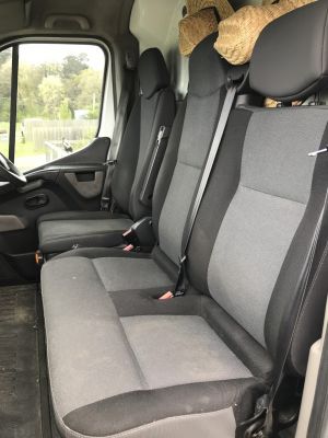 Suspension Driver Seat & Passenger 3/4 Bench Master X62 Van / Cab Chassis. Black Duck Seat Covers. (shows passenger 3/4 bench with full width base)