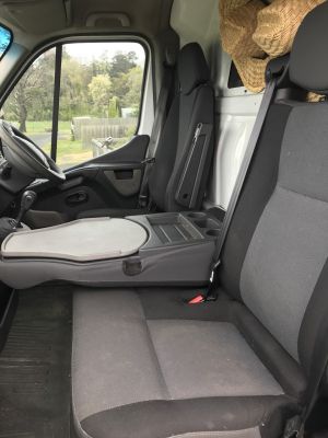 Suspension Driver Seat & Passenger 3/4 Bench Master X62 Van / Cab Chassis. Black Duck Seat Covers. (shows center fold-down backrest)